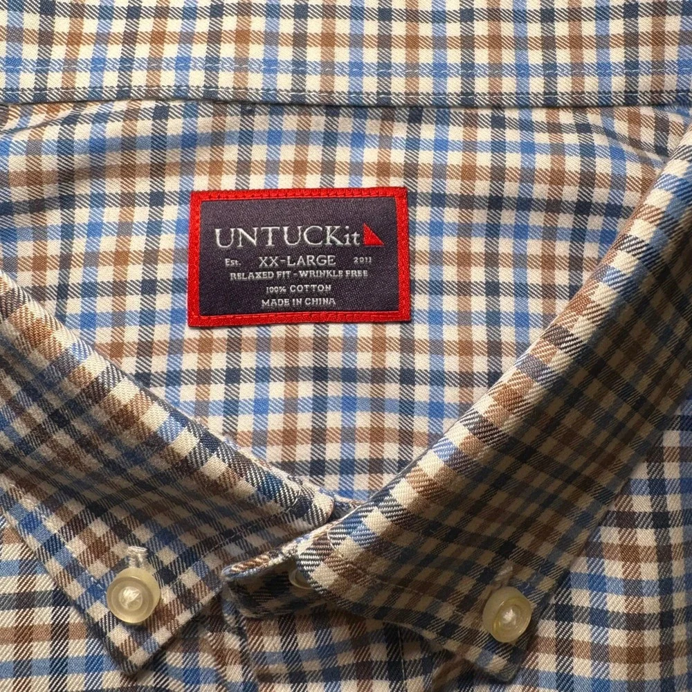 UNTUCKit Mens XXL Relaxed Fit Wrinkle Free Button Down Shirt Blue Brown Check